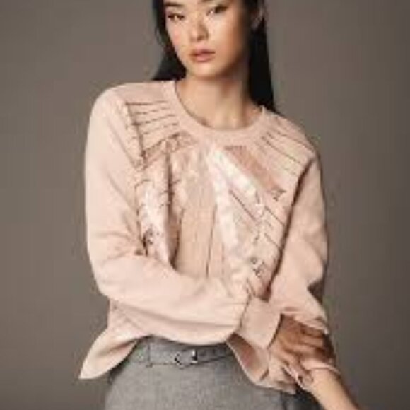 Anthropologie Tops - Anthropologie dusty pink beaded bow sweatshirt cotton top size M